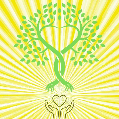 hands lifting heart to tree with roots like hands crossing that forms heart with golden rays emanating from heart between the hands